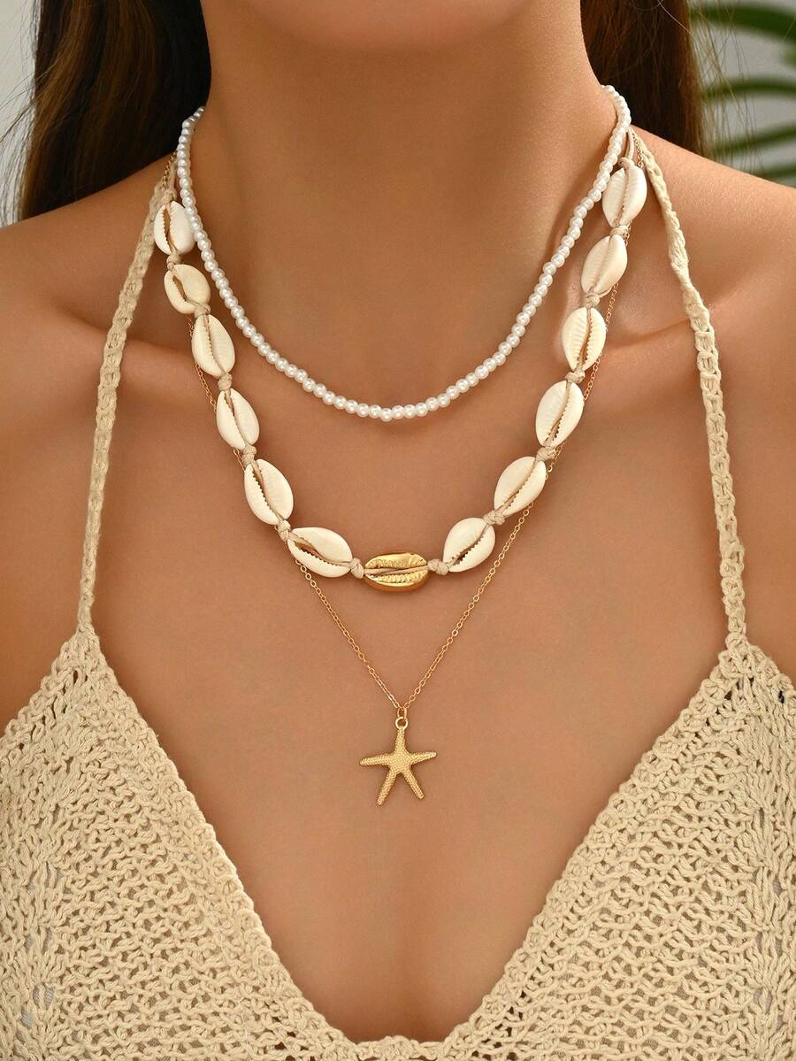 3pcs Boho Ocean Style Mermaid Shell & Simulated Turquoise Starfish Pendant Beaded Necklace Set, Suitable For Women Daily & Beach Vacation Outfits - Beige - View 1