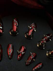 10 Peças Conjunto de Unhas Completo Artesanal, com Unhas de Estilo Punk Estampadas em Formato de Amêndoa e Conjunto de Unhas Punk Ciberpunk de Metal Vermelho Grosso de Estilo Punk Girl Junk, Adequado para Meninas Usarem no Dia a Dia e em Eventos como Festas e Festas Temáticas. Acompanha 1 Mini Lixa de Unha e 1 Etiqueta Adesiva Dupla Face.