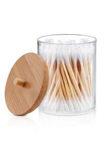 1 pieza Soporte acrílico para hisopos con tapa de bambú, dispensador pequeño transparente para hisopos, soporte plástico para palillos para los oídos, recipiente de almacenamiento para mondadientes, organizador decorativo de encimera para baño