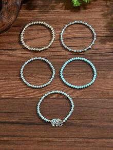 Bộ 5 chiếc/Bộ Vòng tay đàn hồi đính hạt hình voi giả màu ngọc lam phong cách cao bồi miền Tây dành cho nam và nữ, thời trang mặc hàng ngày - Bộ vòng tay voi - Xem 3