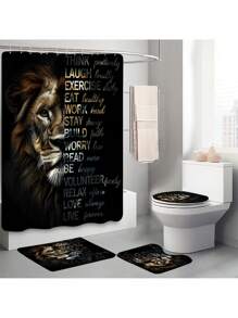 1pc/4pcs Gold African Wild Animals Manly Stylish Multifunctional Bathroom Waterproof Shower Curtain, With 12 Hooks, Bathroom Non-Slip Mat, U-Shape Toilet Mat And Round Toilet Lid Cover, Bathroom Set For Whole Scene Usage Bathroom Accessories Back To School
