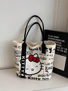 Sanrio 1 Stück Hello Kitty Kosmetiktasche Damen Große Kapazität Einkaufstasche, Reise-Schultertasche, Große Kapazität wiederverwendbare Einkaufstasche faltbar, Damen Segeltuch Tragetasche mit Uhrenarmband - Reißverschluss, Polyester Futter