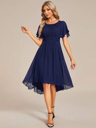 Women's Elegant Ruffle Sleeve Pleated Chiffon Navy Blue Bridesmaid Dress, Formal Occasion Dress For Wedding Guest