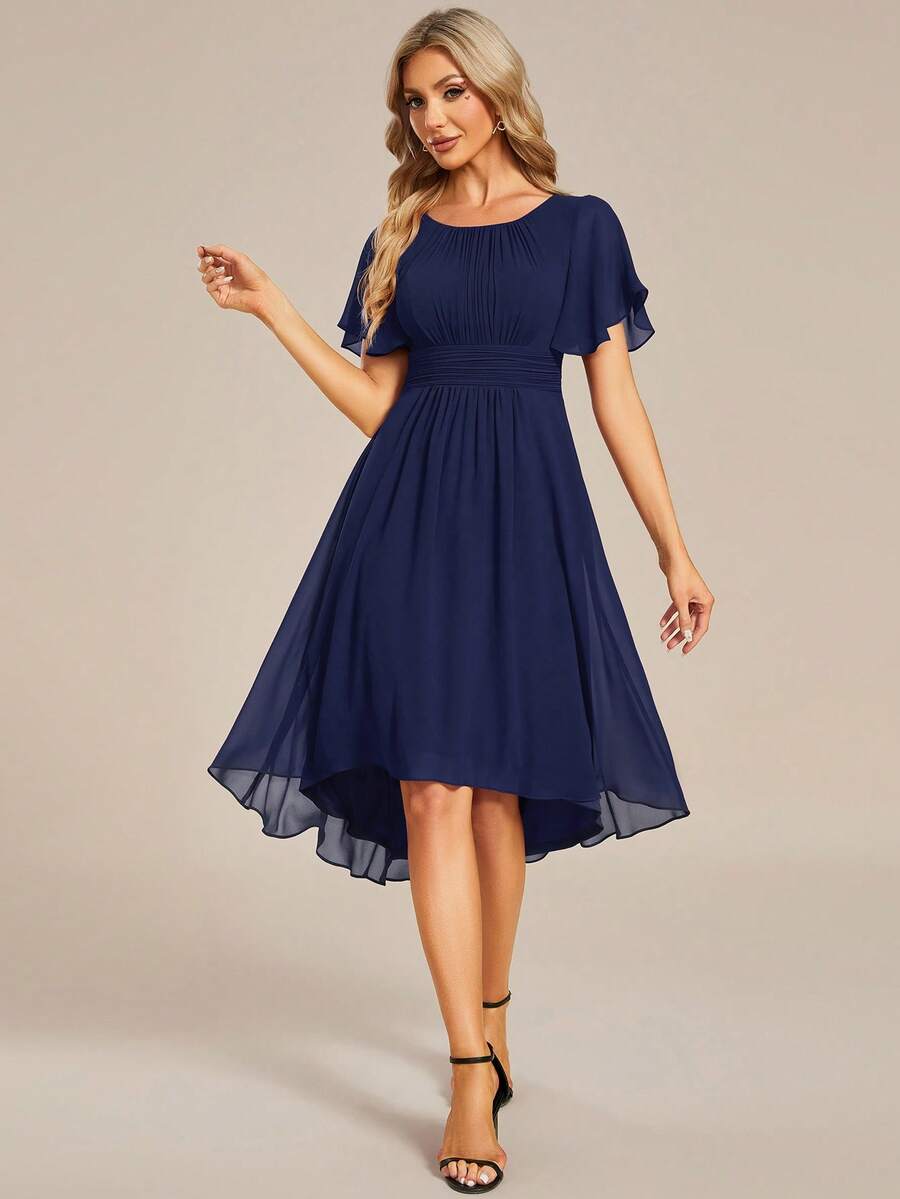 Fall Women's Elegant Ruffle Sleeve Pleated Chiffon Navy Blue Bridesmaid Dresses Formal Dress Wedding Guest Gown For Wedding