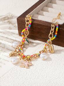 1 pulseira com pingente de pérola, estrela do mar e concha, elegante, cor dopamina, fresca, simples e versátil
