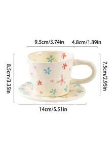 1 Set mehrfarbige, handbemalte Herz-Design Keramiktasse & Untertasse, bunte Muster mit "Liebe" Element - ideal für romantisches Frühstück oder gemütlichen Nachmittagstee, perfektes Geschenk für den Partner, Valentinstag, Jahrestag und andere süße Anlässe