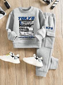 Ensemble Sweat-shirt col rond et pantalon de survêtement avec imprimé voiture pour garçon pré-adolescent - Gris - Voir 1