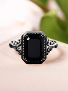1pc Gothic Black Cubic Zirconia Square Ring, Suitable For Women Everyday Wear