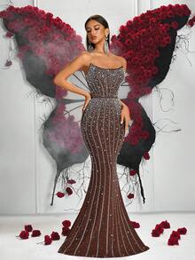Elisanya Women Beaded Rhinestone Embellished Backless Spaghetti Strap High Waist Cocktail Party Dress - Brown - View 7
