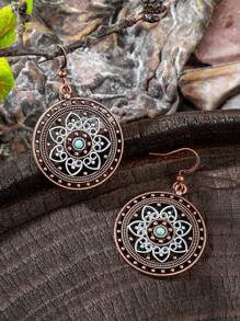 TopHanqi 1 Pair Vintage Bohemian Metal Earrings, Hollow Floral Design With Imitation Turquoise, Suitable For Women Daily Wear, Party Accessory, Commute, Street Style, Versatile, All Seasons