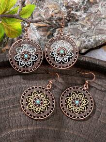 TopHanqi 1 Pair Vintage Bohemian Metal Earrings, Hollow Floral Design With Imitation Turquoise, Suitable For Women Daily Wear, Party Accessory, Commute, Street Style, Versatile, All Seasons