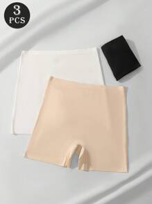 3 Pairs Women Plain Simple Silk Shorts, Prevent Flashing Anti-Roll Edge High Waist Seamless & Comfortable Underpants