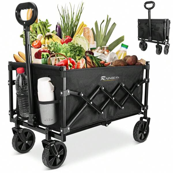 Collapsible Wagon Cart Foldable Heavy Duty Folding Wagon Large Capacity Shopping Cart Utility For Camping Garden Beach Sports Fishing, Black (264lbs)