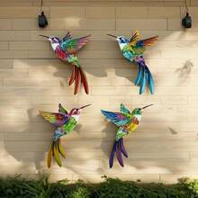 4pcs/Set 3D Metal Hummingbird Wall Decor, Vibrant Colorful Metal Garden Decor For Outdoor Patio