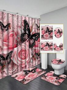 1/4 pièces Jeu de salle de bain rose floral et papillon mignon, tapis en forme de U, couvercle de toilette, avec 12 crochets - style moderne, accessoires de salle de bain de haute qualité, facile à nettoyer, convient à toutes les occasions, de retour à l'école