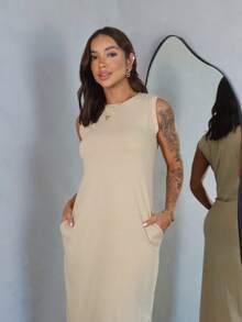 Long Dress With Slit And Pockets 100% Cotton - Màu be - Xem 7