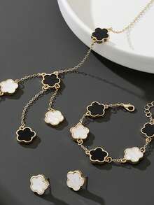 Set de 4 piezas con collar, pulsera y aretes con diseño de flores, collar versátil de la suerte - Multicolor - Ver 10