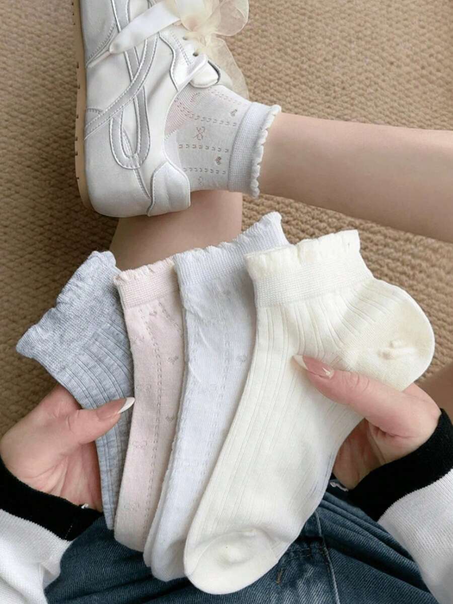4 Pairs Thin Breathable Mesh Ankle Socks, Solid Color Lace Bow Ballerina Style Short Socks, Spring/Summer