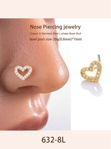 Toppiercing 1pc Funky Stainless Steel Cubic Zirconia Heart Decor Nose Stud For Women For Daily Decoration Valentines