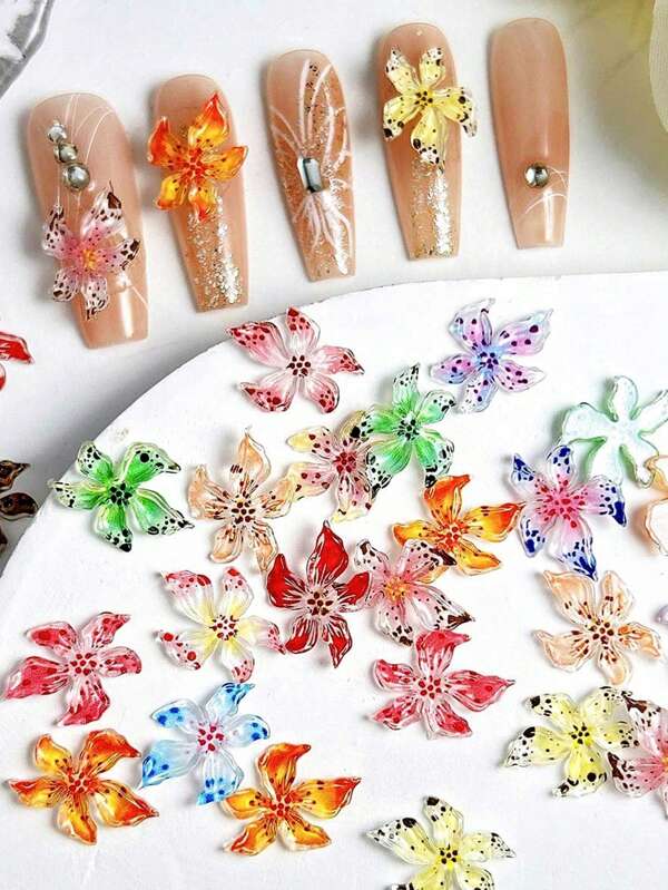 10/30/50/100 piezas Decoraciones de uñas con flores de colores mezclados, accesorios de arte de uñas 3D DIY