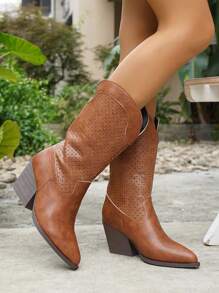 Women's Vintage V-Cut Pointed Toe Thick Heeled Hollow-Out Embroidery Western Mid-Calf Boots, Casual Slip-On Style