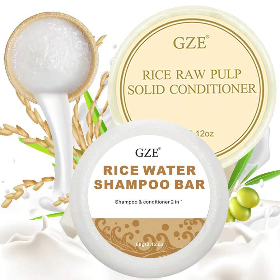 2pcs Set Of Rice Water Shampoo Bar And Conditioner, Strengthens Hair, Nourishes Dry Hair, Handmade With Rice Water By GZE - Brown - View 1
