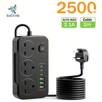 New Multifunctional Power Board/Power Socket/Strip Plug, Equipped With 3 Power Sockets, Matched With (3 USB-A) (3 TYPE-C), 2m/6FT Power Cord/Automatic Short Circuit Protection Function/Suitable For Home, Office, Kitchen, Garage, Outdoor.