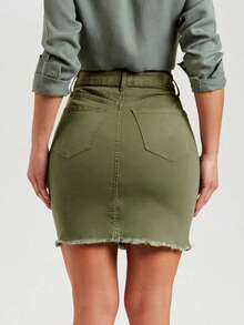 Fitted Frayed Hem Mini Denim Skirt - Women Summer Clothing - Army Green - View 4