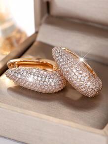1 par de brincos de argola luxuosos com zircônia cúbica branca incrustada, banhados a ouro rosa - joias elegantes para casamentos, festas e uso diário
