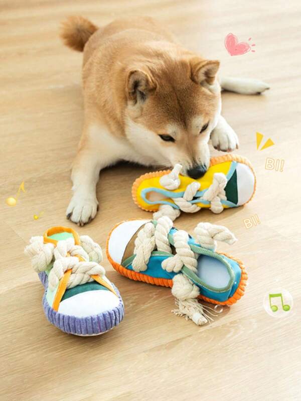 1 Packung Hundespielzeug in Sneaker-Form mit Seilknoten & quietschender Kugel - Strapazierfähiger Oxford-Stoff für aggressive Kauer, interaktive Quietscher-Geräusche für Welpen/erwachsene Hunde, drinnen und Outdoor zum Spielen