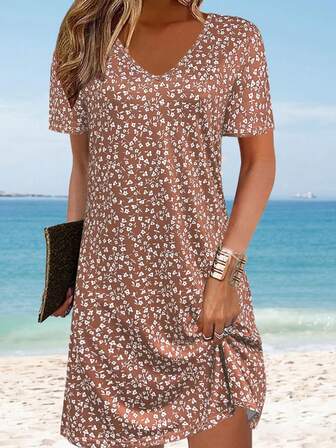 Modern lätt och elegant blommig klänning, mångsidig för casual, semester, arbete, hem, resor, lämplig som nattkläder, plusstorlek