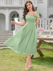 MIUSOL 撞色亮片蕾丝 V 领花瓣袖褶边晚会长裙、夏季中长裙、婚礼宾客派对礼服 - 薄荷綠 - 查看 4