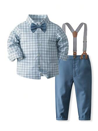 2 piezas Camisa de manga larga con cuello a cuadros y pantalón con tirantes para niño pequeño, conjunto formal estilo caballero