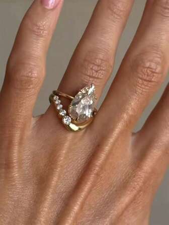 2pcs/Set Chic & Elegant 925 Silver 1.5CT Moissanite Water Drop Ring Set, Wedding Engagement Rings For Women, Suitable For Daily Wear And Festival Gifts