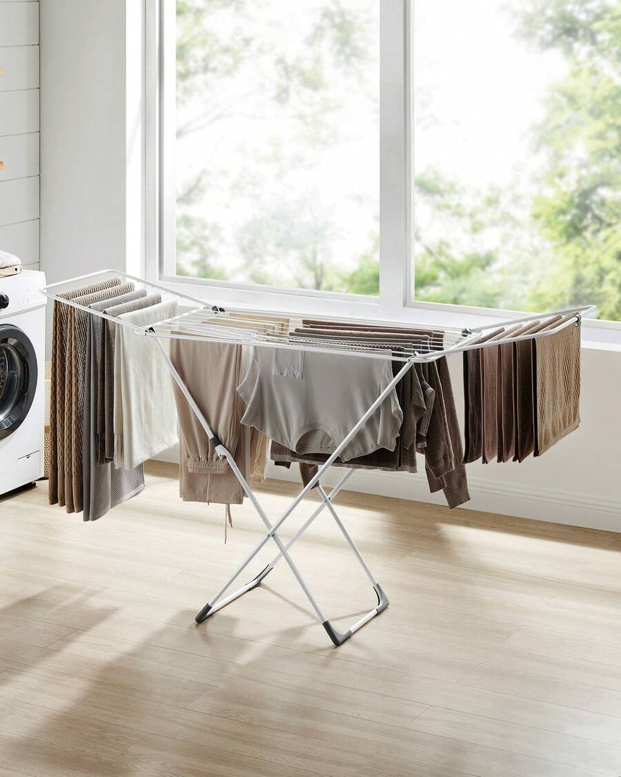 Étendoir à Linge, Séchoir Pliable, 50 x 182 x 102,5 cm, avec Barres, Support de Séchage sur Pieds, Utilisation Intérieure/Extérieure, Draps et Vêtements, Blanc - Blanc - Voir 1