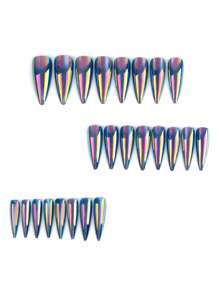 Transform Your Nails With 72pcs Long Stiletto French Style Modern Classic Simple Blue Aurora Gradient Solid Color Laser High Gloss Metallic Mirror,Pink Cateye Full Cover Fake Press On Nail Kit For Daily Wear And Party Will Give You Look A Cool