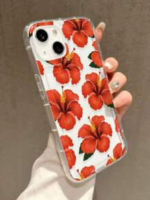 Flower 1pc Minimalist Red Hibiscus Pattern Airbag Anti-Slip Soft Phone Case Compatible With Iphone 11/12/13/14/15/16 Pro Max