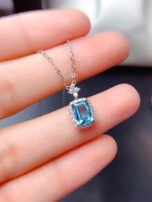 1pc Aquamarine Perfume Bottle Pendant Necklace For Women, Exquisite Design, Luxury Zirconia Clavicle Chain, High-End Gift - Silver - View 2