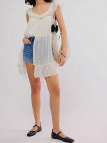 Women Lace Trim Mini Dress Ruffle Flowy Babydoll Dress Spaghetti Strap Loose Sundress Boho Going Out Dresses - White - View 3