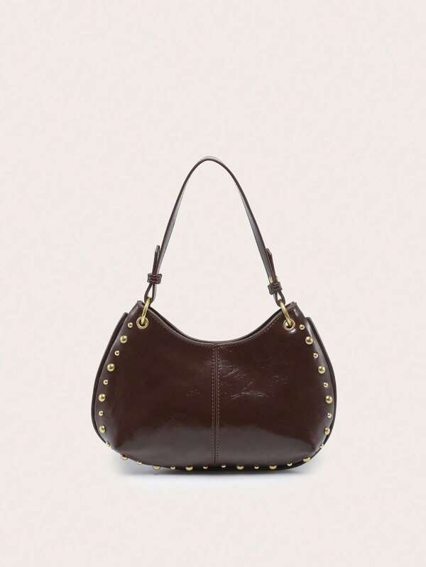 1 Peça Bolsa de Ombro, Mão e Axila Feminina de Estilo Vintage Punk com Decoração de Rebite de Lua Crescente Minimalista Bordô