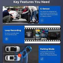 汽车行车记录仪，3 通道行车记录仪，前后内置行车记录仪，1080P 全高清 170 度广角仪表板摄像头，3 英寸 IPS 屏幕，G 传感器，循环录制，24 小时停车模式（不含 SD 卡）