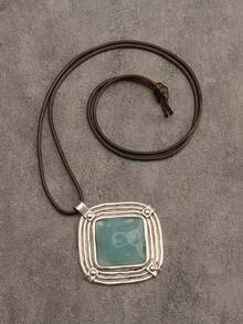 1pc Vintage Style Long Metal Necklace, Gold Square Metal & Pink Resin Pendant, Elegant Gift For Girlfriend, Daily Accessory - Wax Rope - View 15