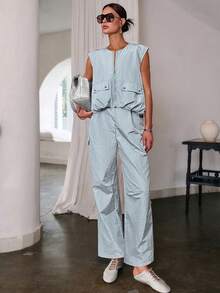 Sollinarry 女士夏季无袖拉链上衣和阔腿裤两件套，时尚宽松版型，适合办公室、度假、音乐节等场合。 - 灰藍色 - 查看 3