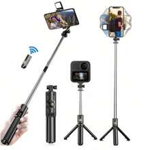 1pc Black Anti-Shake Selfie Stick With Tripod Stand, Extension Arm & Led Light, Universal 360 Degrees Automatic Rotation For Photographs And Live Streaming For Summer Vacation, Travel, Outdoor Activities, Live Streaming