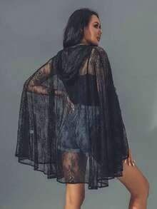 1 Piece Of Black Hooded Halloween Cloak, Wizard Lace Shirt, Mesh Shawl, Rolled-Up Tie, Floral Pattern Fall Clothes For Women