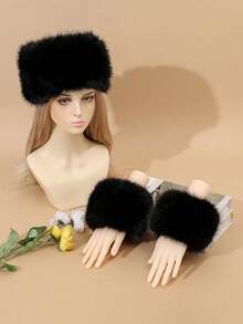 2pcs/Set Fashionable Solid Color Faux Fur Soft Fluffy Warm Headband And Arm Warmers, Autumn/Winter