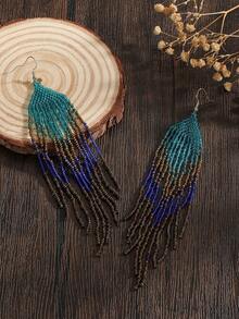 SOUL BEADING Handmade Beaded Earrings Bohemian Style Earrings Vintage Style Earrings Blue Green Color Block Dark Tone Tassel Drop Earrings Women's Fashion Earrings 2025 New Earrings Suitable For Daily Wear Vacation Party Holiday Gift Choice - Multicolor - View 1