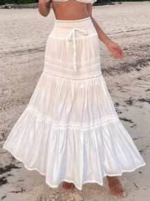 Falda larga con parches de encaje blanco de talle alto con efecto de "bubble", estilo bohemio, adecuada para festivales de música, conciertos, fiestas de Coachella, uso diario de chicas jóvenes, fotos de playa y vacaciones, estilo bohemio de verano