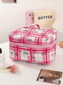 1 Peça Bolsa de Maquiagem Fofa de Grande Capacidade, Nécessaire Acolchoado para Cosméticos, Bolsa de Maquiagem de Viagem com Laço Xadrez, Dobrável, com Alça, Organizador de Maquiagem Estético, Bolsa de Armazenamento para Viagem, Nécessaire Portátil, Bolsa para Lápis, Essenciais de Viagem, Férias de Verão, Volta às Aulas, Bolsa Escolar, Bolsa de Viagem para Mulheres, Bolsa de Maquiagem para Viagem
