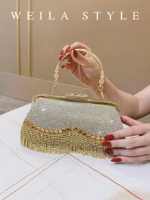 Luxury Golden Rhinestone Clutch Bag With Tassels, Sparkling Crystal Handbag For Evening Party, Wedding, Cocktail, High-End Fashion Lady Party Purse, Top-Handle, Crossbody, Small Square Clutch
